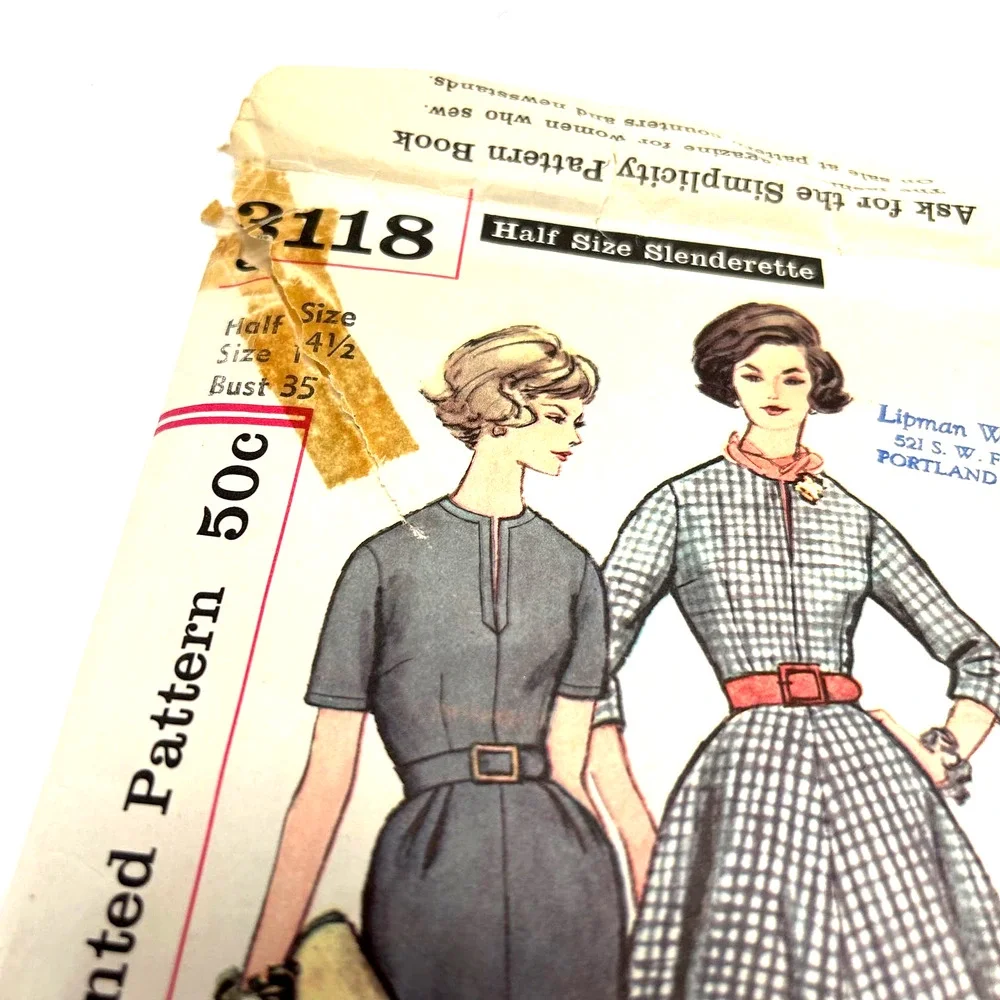 Simplicity Vintage 1950's Pattern #3118 Women's Half‎ Size Dress, Size 14.5